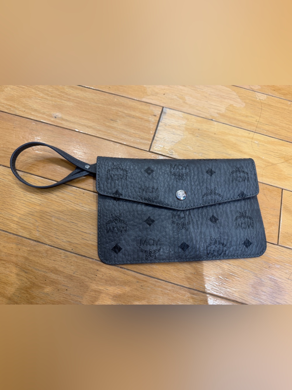 New MCM Grey/Black Logo Leather Embossed Wristlet Clutch